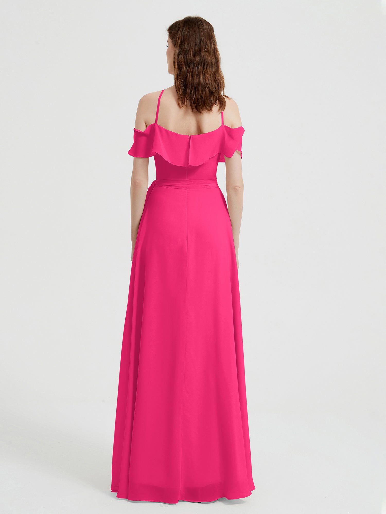 Y Neck Chiffon Dress with Ruffles Sleeves Fuchsia
